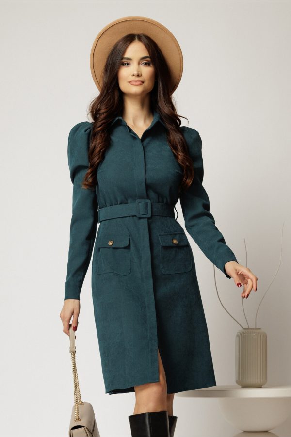 Rochie DY Fashion verde din catifea reiata tip camasa si curea in talie Rochie DY Fashion verde din catifea reiata tip camasa si curea in talie