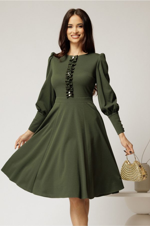 Rochie DY Fashion verde eleganta cu volan incretit pe bust si nasturi bijuterie