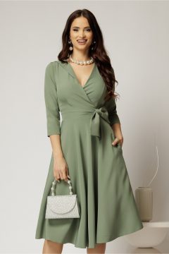 Rochie Dy Fashion verde fistic cu decolteu petrecut si funda maxi