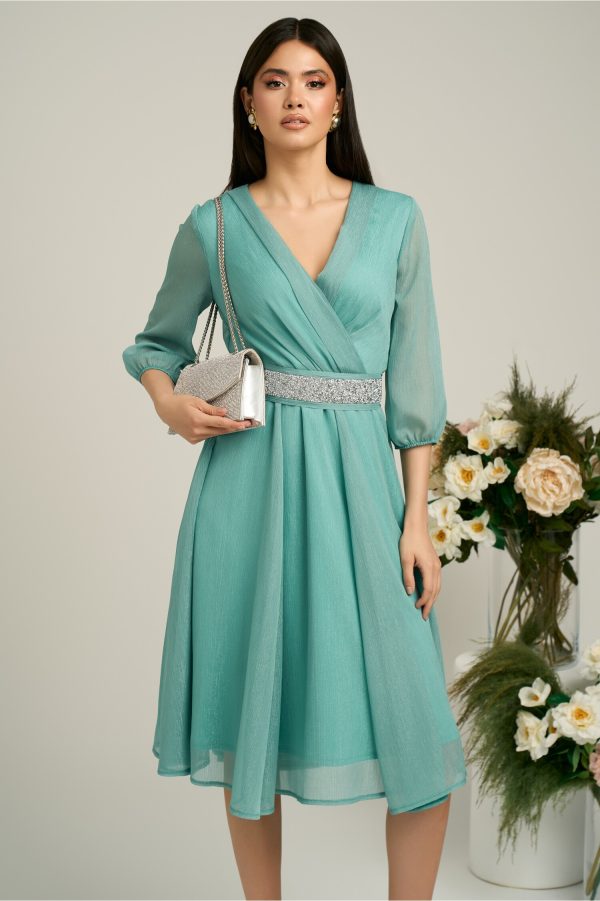 Rochie Dy Fashion verde menta din voal cu fir stralucitor si cordon