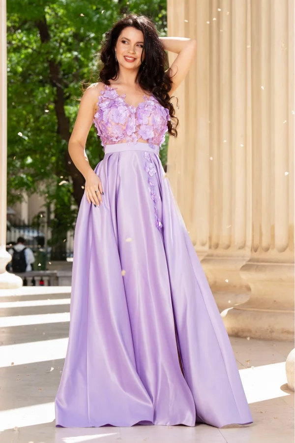 Rochie eleganta Abigail lila tip printesa din tafta cu flori 3D Rochie eleganta Abigail lila tip printesa din tafta cu flori 3D