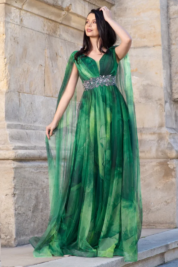Rochie eleganta de seara Alessandra cu imprimeu tip pictura verde Rochie eleganta de seara Alessandra cu imprimeu tip pictura verde