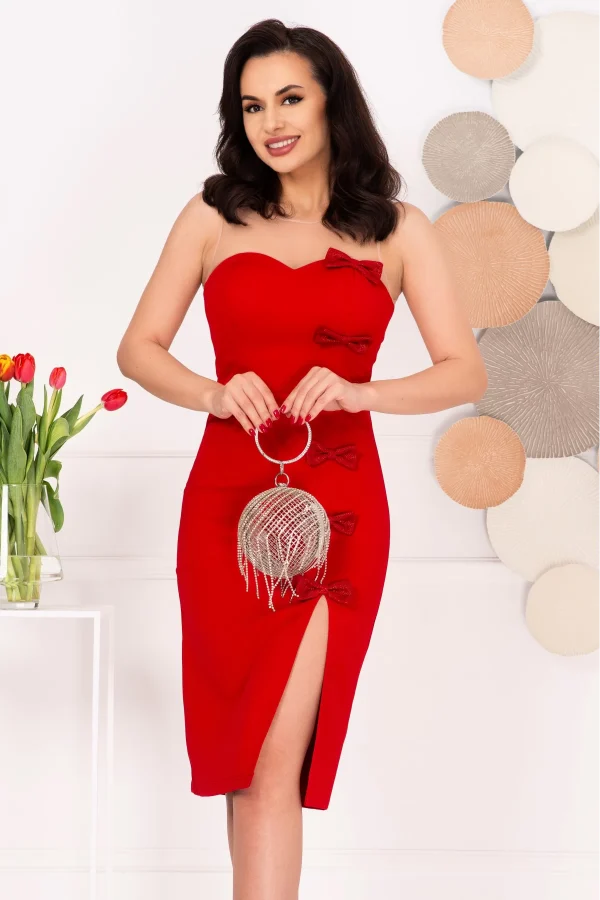 Rochie eleganta rosie midi June cu fundite decorative Rochie eleganta rosie midi June cu fundite decorative