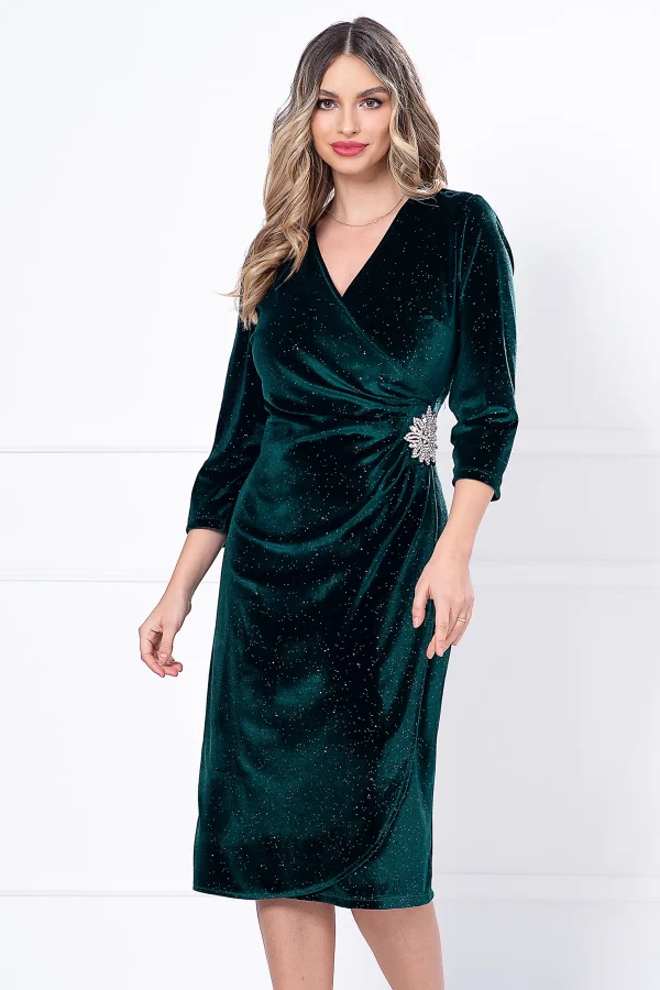 Rochie eleganta verde din catifea Caterina cu glitter si accesoriu argintiu in talie Rochie eleganta verde din catifea Caterina cu glitter si accesoriu argintiu in talie
