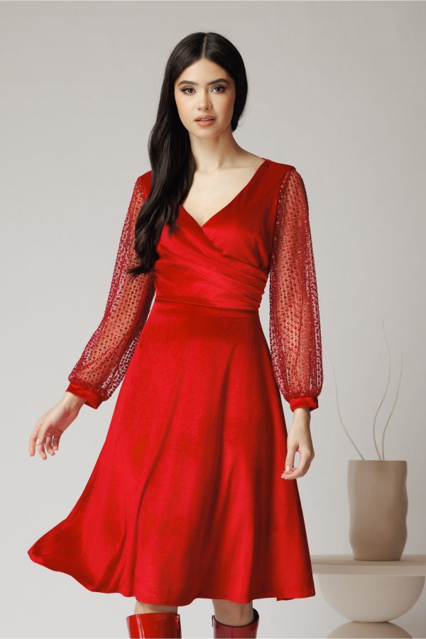 Rochie Ella Collction Carmen eleganta din catifea rosie cu glitter pe maneci Rochie Ella Collction Carmen eleganta din catifea rosie cu glitter pe maneci