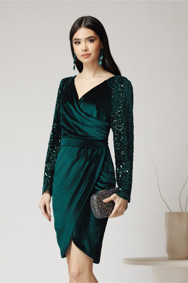 Rochie Ella Collection Alison eleganta din catifea verde cu paiete pe maneci