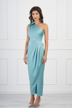 Rochie Ginette verde mint cu floare pe umar si strasuri in talie