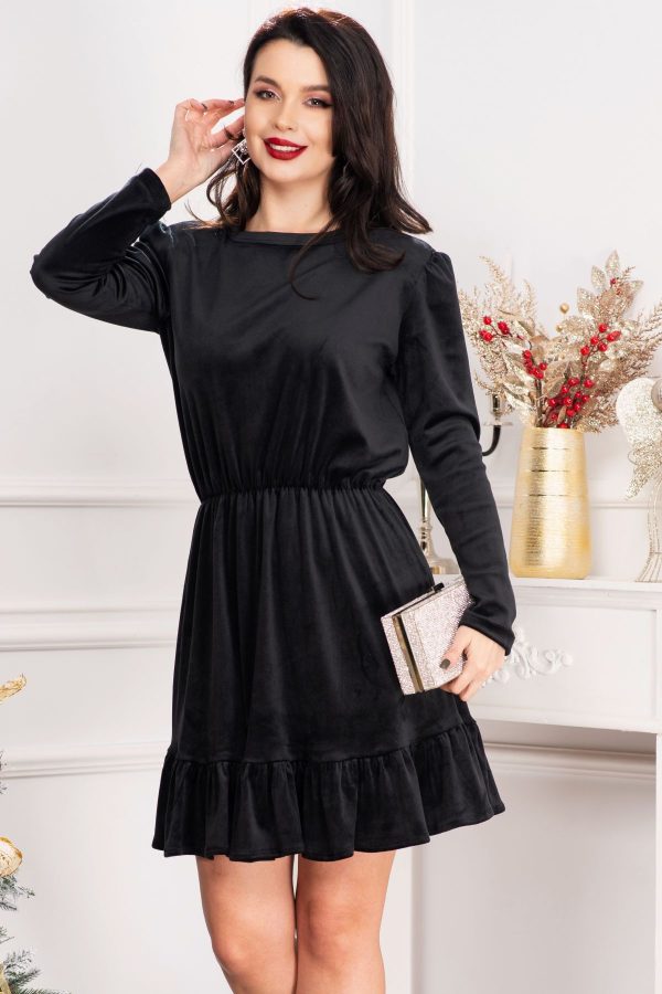Rochie in clos Cherry din catifea neagra cu volanas Rochie in clos Cherry din catifea neagra cu volanas