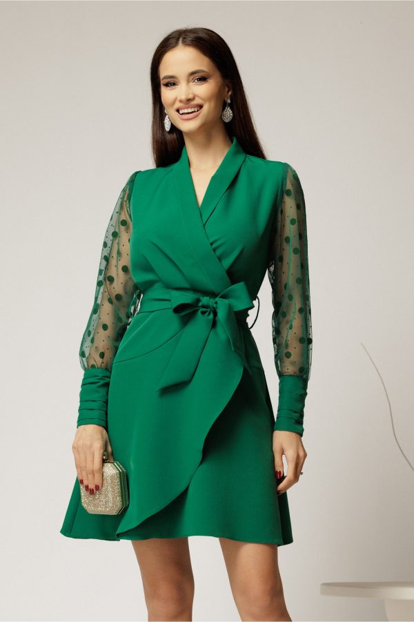 Rochie Kim verde petrecuta cu maneci cu buline catifelate Rochie Kim verde petrecuta cu maneci cu buline catifelate