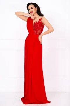Rochie lunga de seara Gilda rosie cu fronseuri si bust brodat