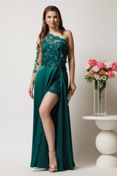 Rochie lunga verde din tafta si dantela cu crapatura maxi - Ella Collection Pamela
