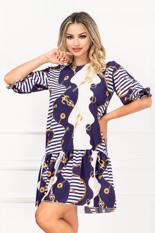 Rochie Melania de vara cu volanas si imprimeu maritim Rochie Melania de vara cu volanas si imprimeu maritim