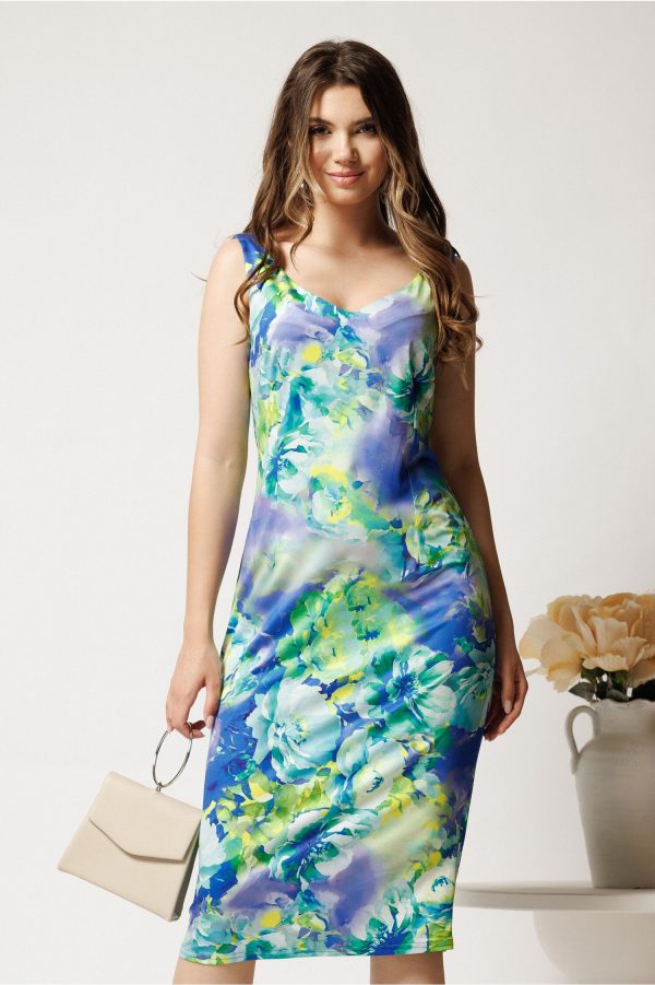 Rochie midi albastra din lycra cu croi drept si imprimeu verde