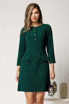 Rochie midi din stofa verde cu nasturi la decolteu