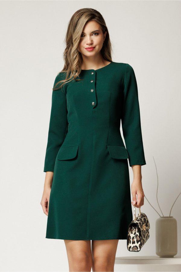 Rochie midi din stofa verde cu nasturi la decolteu Rochie midi din stofa verde cu nasturi la decolteu