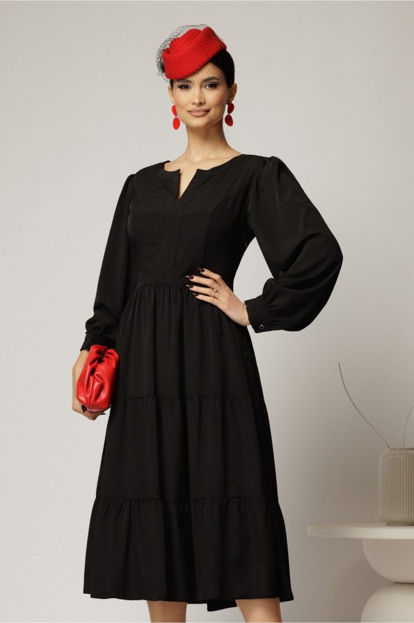 Rochie midi neagra cu volan la fusta si decolteu discret in V Rochie midi neagra cu volan la fusta si decolteu discret in V