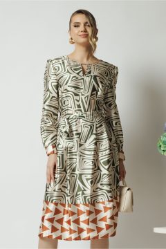 Rochie midi office bej de zi cu imprimeu verde