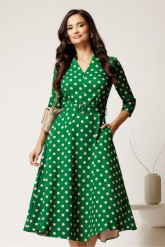 Rochie midi verde cu buline din stofa cu cordon in talie