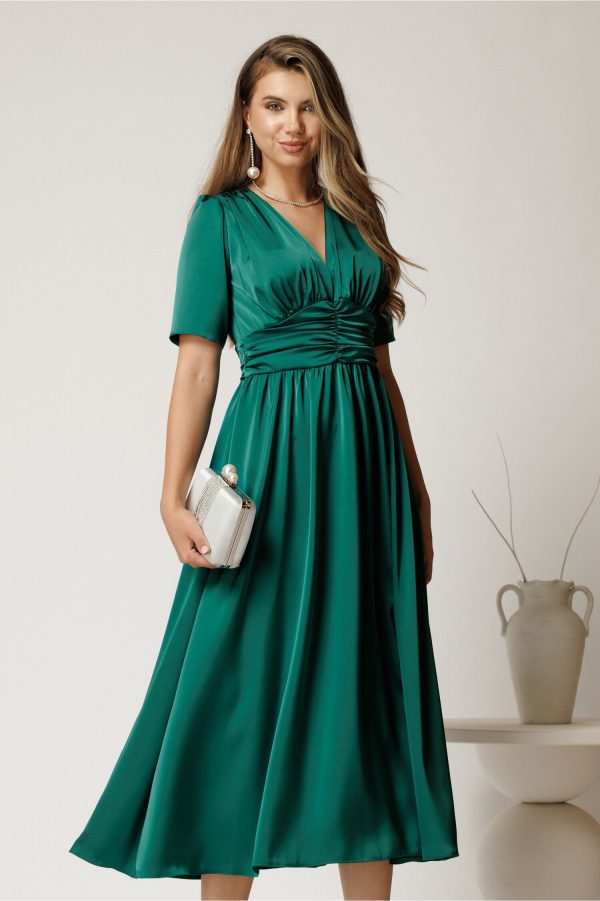 Rochie midi verde din satin cu talie marcata