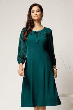 Rochie midi verde din triplu voal cu maneci si insertii din fir lurex si satin