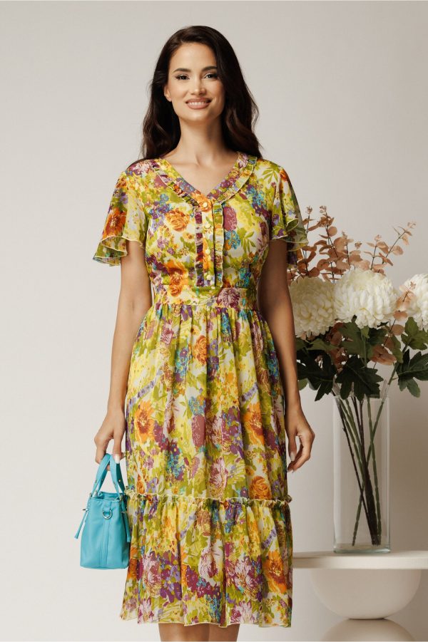 Rochie midi verde din voal cu imprimeuri mov in clos cu volanase