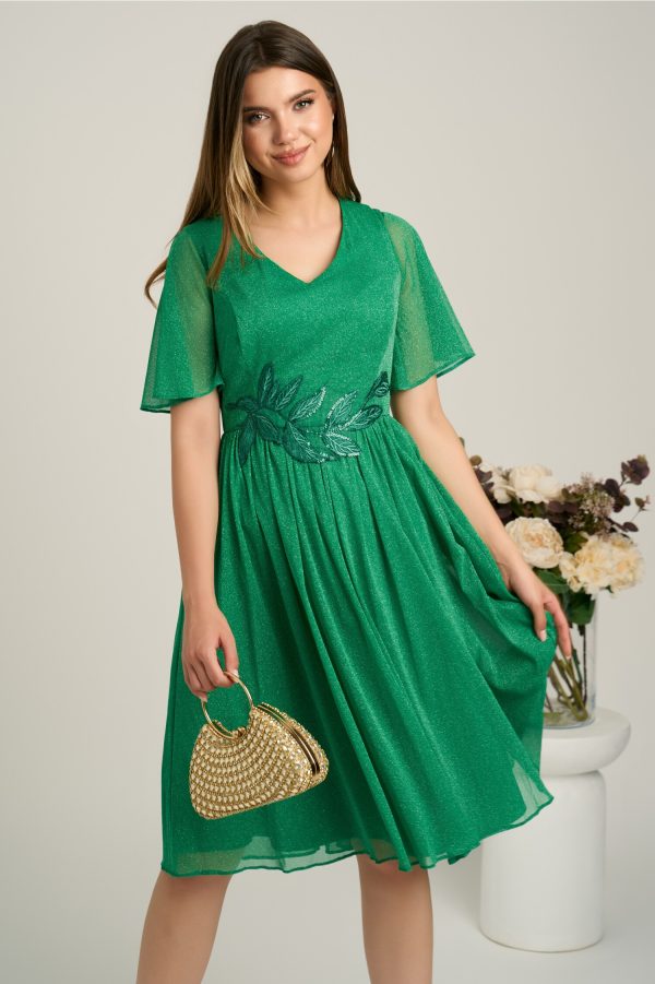 Rochie midi verde din voal in clos cu glitter si broderie in talie Rochie midi verde din voal in clos cu glitter si broderie in talie