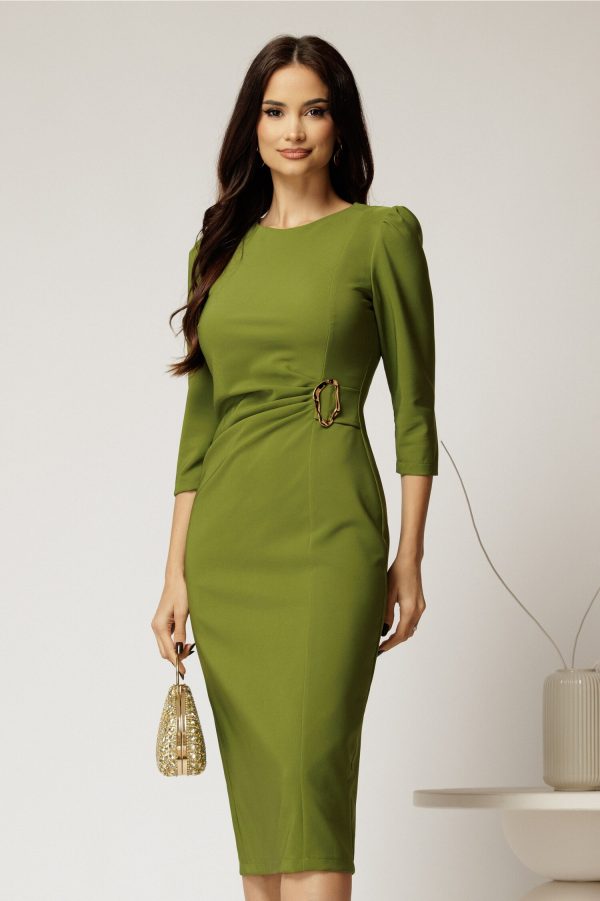 Rochie midi verde fistic eleganta cu accesoriu pe talie si pliuri Rochie midi verde fistic eleganta cu accesoriu pe talie si pliuri