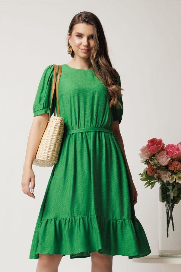 Rochie midi verde in clos din viscoza cu volan la baza- Moze Rochie midi verde in clos din viscoza cu volan la baza- Moze