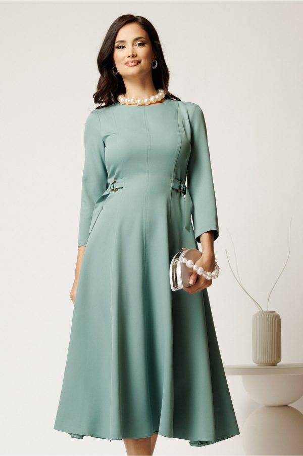 Rochie midi verde mint din stofa in clos cu catarame in talie