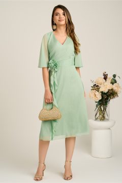 Rochie midi verde mint din voal in clos cu insertii din fir lurex si floare in talie-Viada