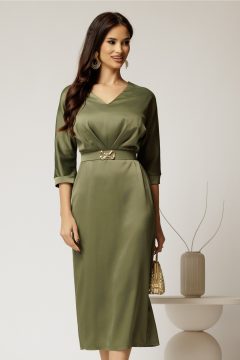 Rochie midi verde satinata cu decolteu in V