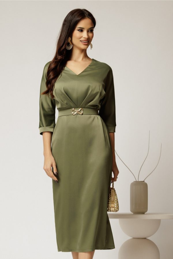 Rochie midi verde satinata cu decolteu in V