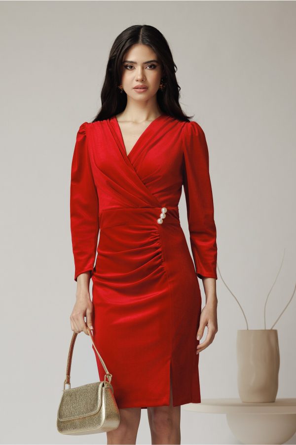 Rochie Moze eleganta din catifea rosie cu perle in talie Rochie Moze eleganta din catifea rosie cu perle in talie