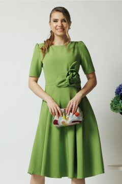 Rochie office din stofa verde cu floare maxi pe talie