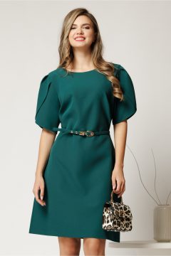 Rochie scurta verde din stofa cu maneci tip lalea si curea in talie