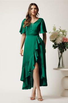 Rochie verde lunga din satin in clos cu volan si crapatura pe fusta