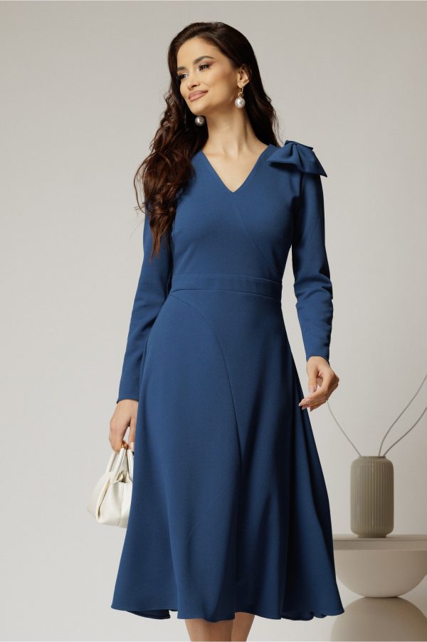 Rochie DY Fashion albastra midi cu funda pe umar Rochie DY Fashion albastra midi cu funda pe umar