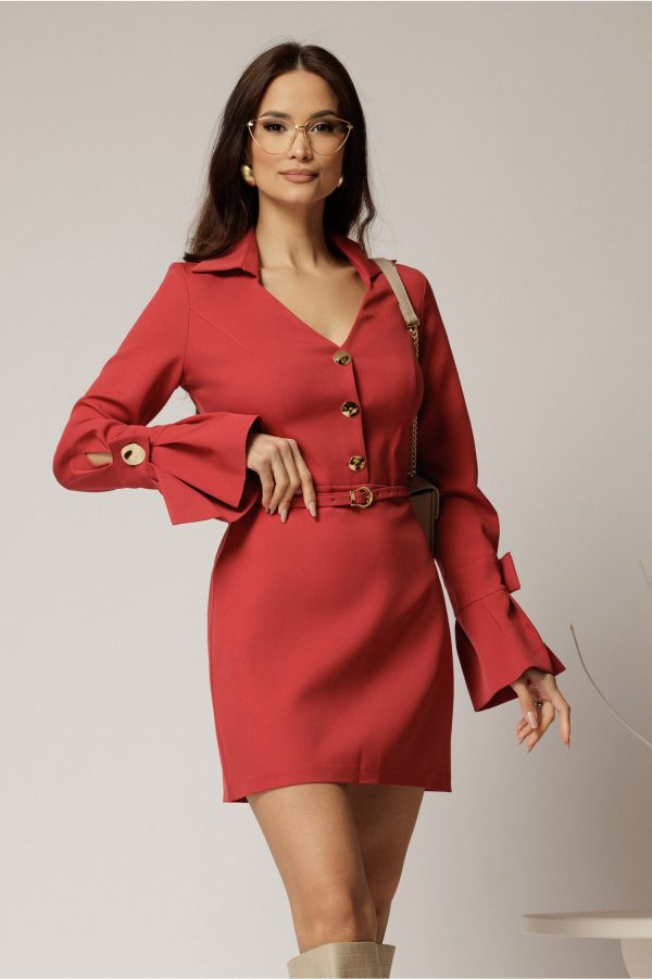 Rochie DY Fashion caramizie cu maneci evazate si decolteu cu guler Rochie DY Fashion caramizie cu maneci evazate si decolteu cu guler