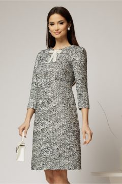 Rochie DY Fashion din tweed alb negru si croiul drept cambrat