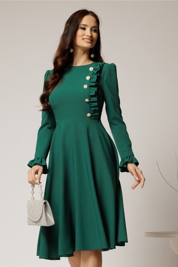 Rochie DY Fashion midi verde cu nasturi si volanase la bust Rochie DY Fashion midi verde cu nasturi si volanase la bust