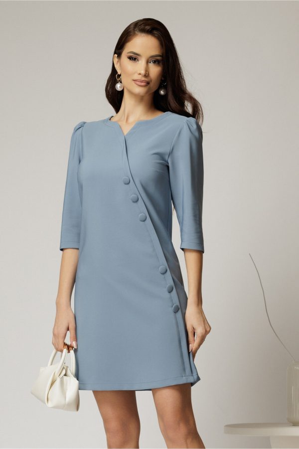 Rochie scurta bleu cu nasturi decorativi si croi cambrat Rochie scurta bleu cu nasturi decorativi si croi cambrat