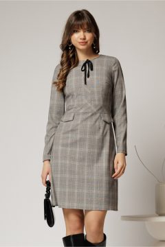 Rochie scurta gri cu carouri snur la guler si fusta tip A