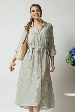Rochie casual din panza ivory cu dungi kaki si nasturi