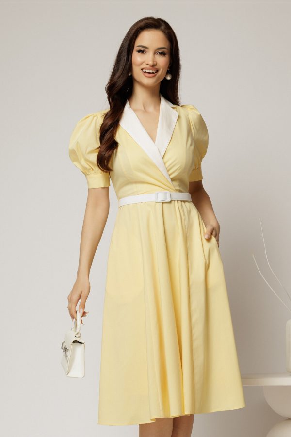 Rochie DY Fashion din poplin galben cu guler in contrast si curea in talie Rochie DY Fashion din poplin galben cu guler in contrast si curea in talie
