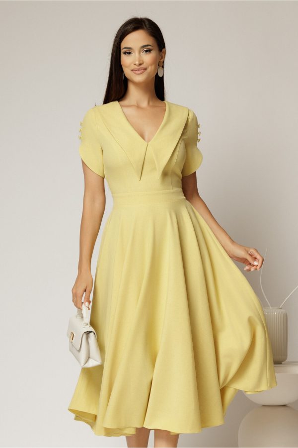Rochie DY Fashion midi galbena cu guler ascutit si maneci scurte cu nasturi Rochie DY Fashion midi galbena cu guler ascutit si maneci scurte cu nasturi