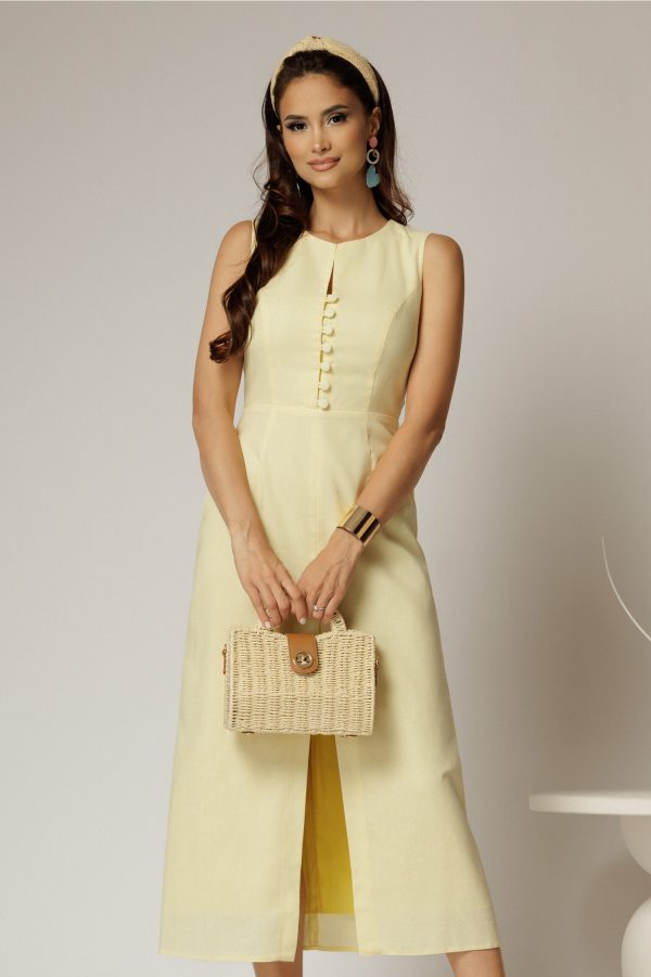 Rochie DY Fashion midi galbena din in cu nasturi pe bust fara maneci Rochie DY Fashion midi galbena din in cu nasturi pe bust fara maneci