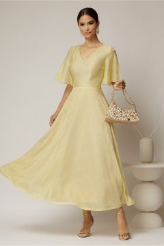 Rochie DY Fashion midi galbena din tencel cu insertii sidefate