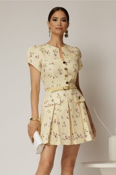Rochie DY Fashion scurta galbena cu floricele si fusta cu pliuri