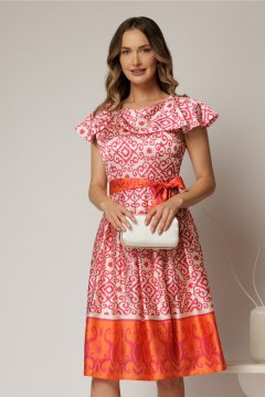 Rochie midi bej din satin in clos cu imprimeuri fucsia oranj si cordon in talie