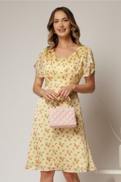 Rochie midi galbena din voal cu imprimeu floral si maneci scurte petrecute